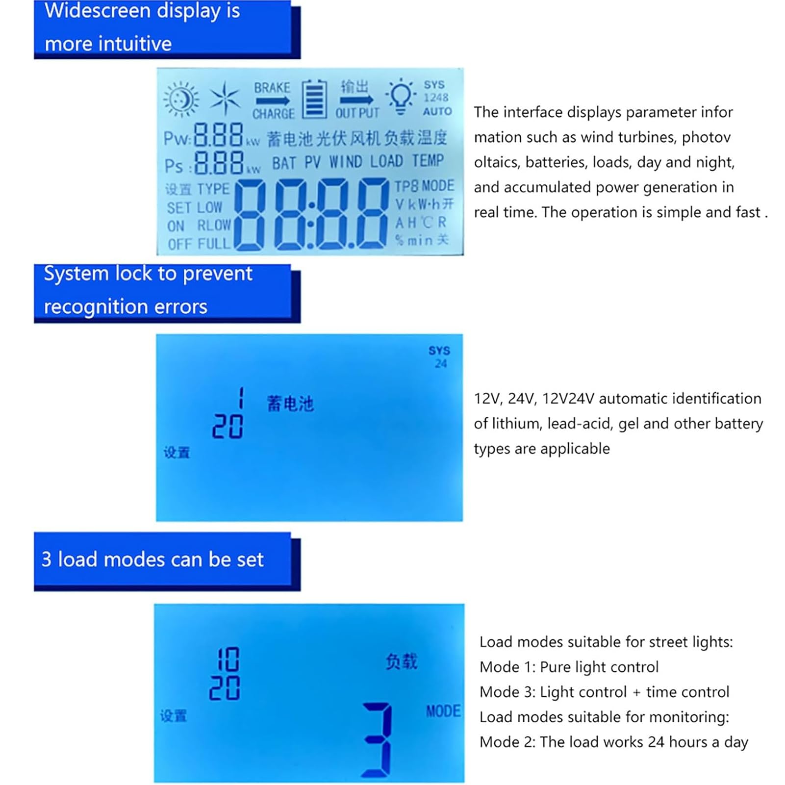 Mppt Controlador De Carga HíBrido Solar EóLico Solar Y EnergíA EóLica Controlador HíBrido De Carga 12v/24v/48v para La BateríA Refuerzo Sistema Carga HíBrido EóLico-Solar De Pantalla LCD
