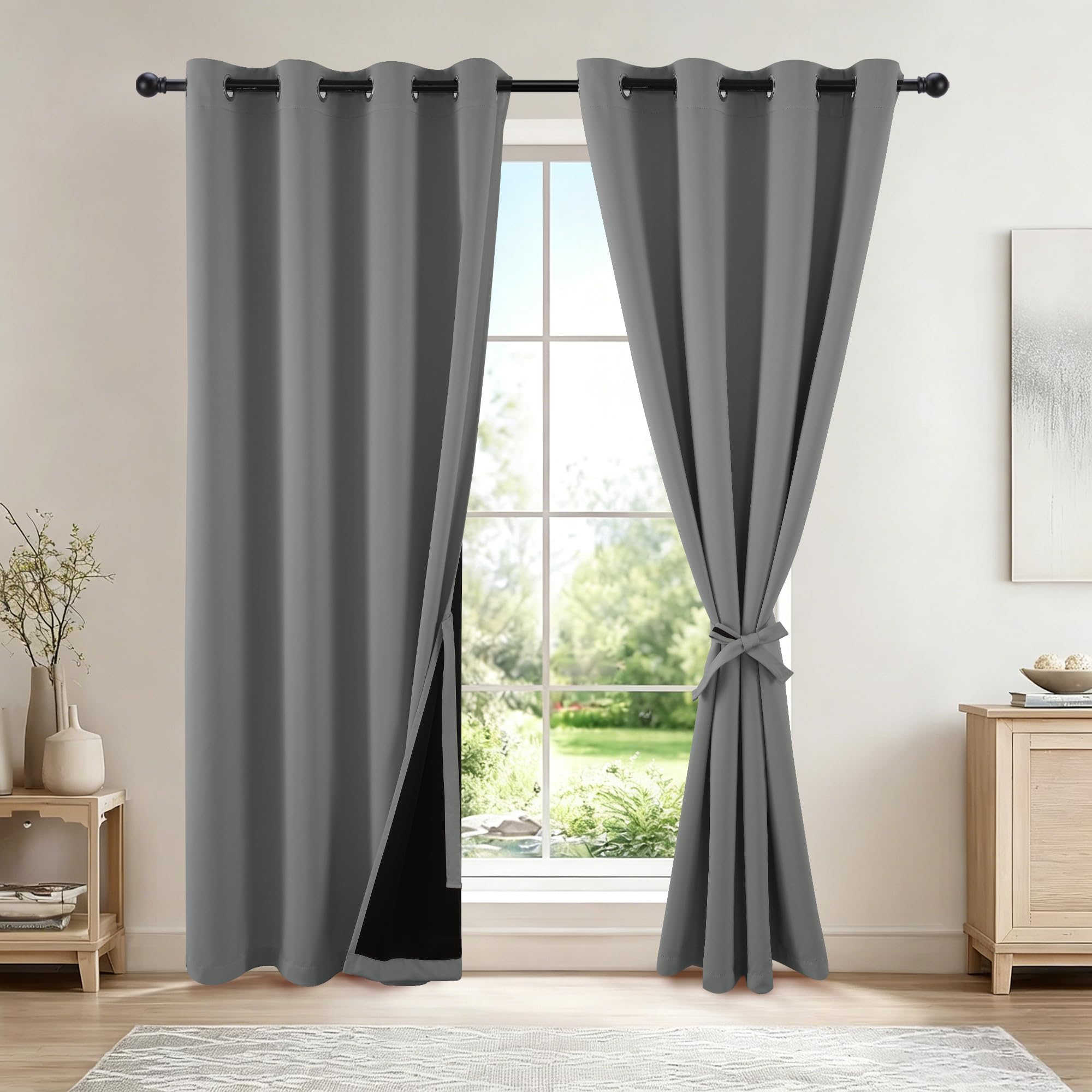 DWCN 100% Blackout Curtains For Living Room 52 x 84 Inch Grey，Black Liner