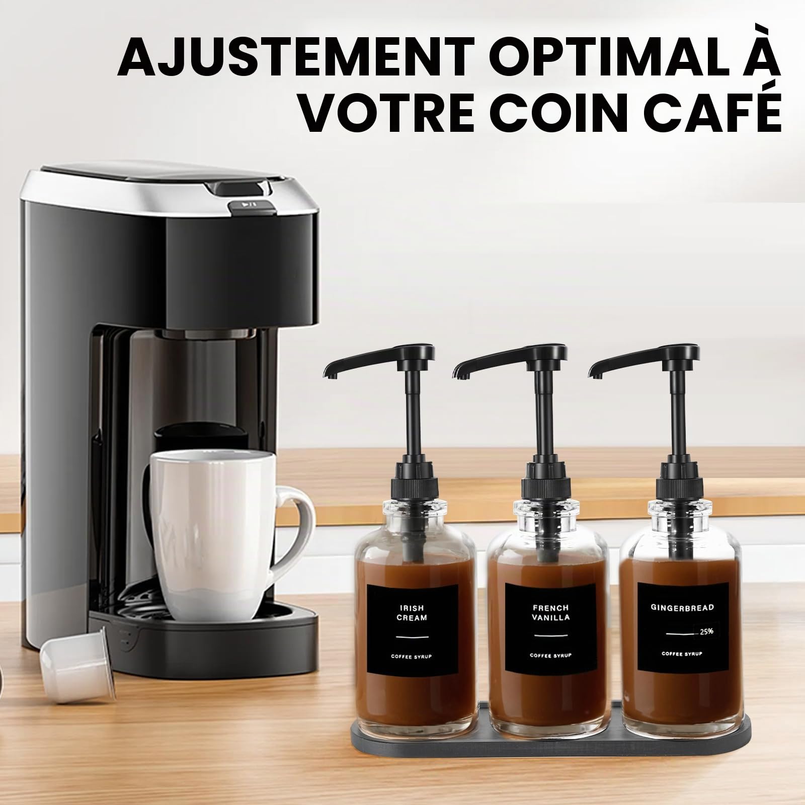 Sunal Lot de 3 distributeurs de sirop en verre avec plateau - Pompe de 0,6 l - Étiquettes et entonnoir étanches - Bouteille pompe à sirop de 500 ml - Pour bar à café et cuisine - Noir