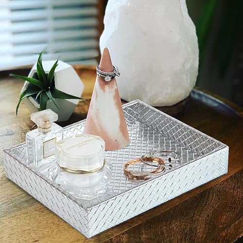 Miniatura 3 de Bandeja rectangular de piel sintética pequeña para servir de 10 x 8 pulgadas, moderna y elegante bandeja decorativa para mesa de café, joyería,