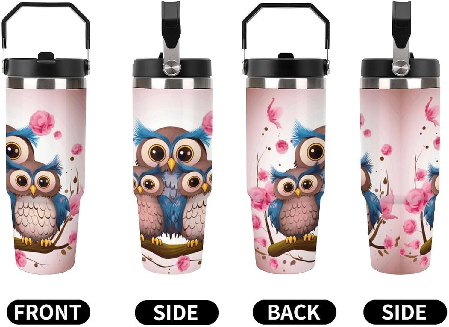 Cute Owls Water Bottle 30 Oz Fits Car Cup Holder,Insulated Coffee Mug Large Capacity Car Cups,Stainless Steel Double Wall Sport Bottle for Travel Sports Gym