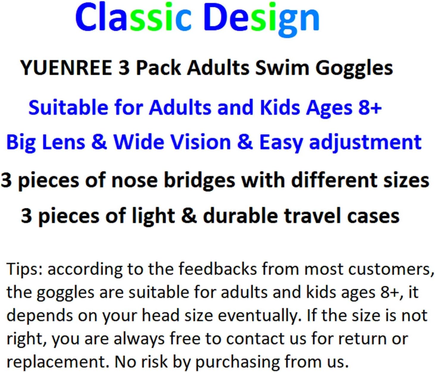 3 Pack Swim Goggles for Adults Kids Ages 6+ | No Leak Anti-Fog UV Protection | with 3 Hard Travel Cases