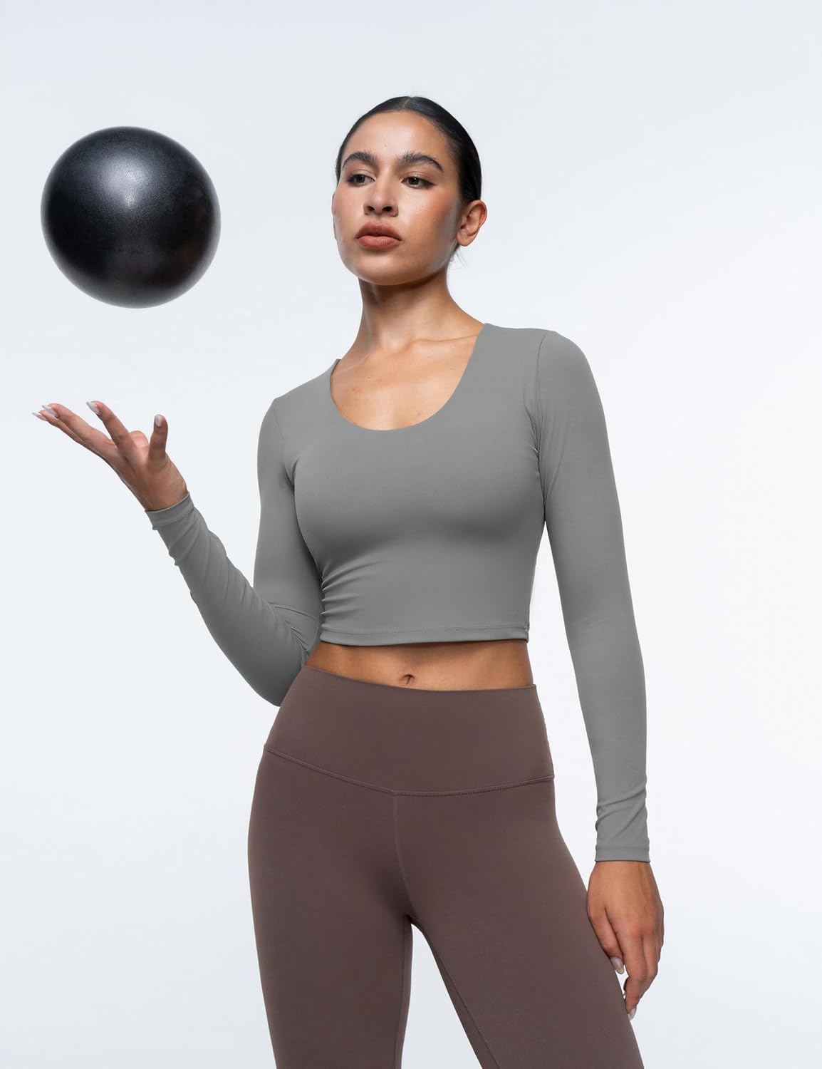 Womens Long Sleeve Shirts Workout Crop Tops Yoga Tee Built in Bra Mild Support Cream Feeling Athletic Top U-Neck - Image 4