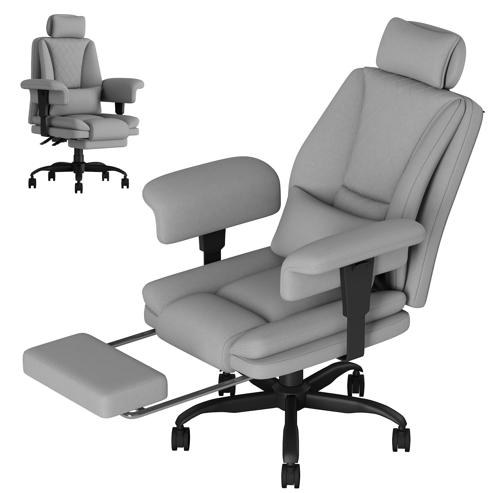 Silla Oficina Ergonomica con Respaldo Alto, Silla Escritorio Ejecutiva 200KG, Silla Gaming de Asiento Ancho Reposapiés Soporte Lumbar, Silla Escritorio Reclinable Reposabrazos Elevables, Gris