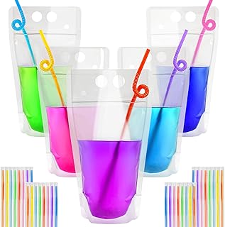 MAQIHAN 44 Drink Pouches with Straws Individually-Wrapped - 17oz Juice Drink Pouches Adults Alcohol Clear Plastic Halloween Blood Bag Reusable Cocktail Liquor Liquid Smoothie Party Hot Weather Cooling