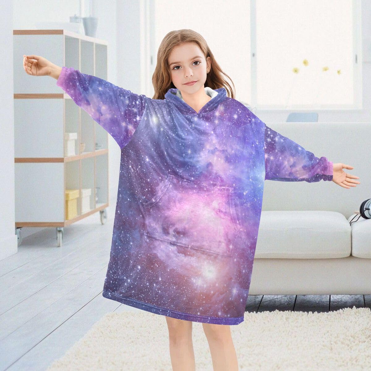 Galaxy Planets Stars Dziecięcy koc do noszenia z kapturem, oversize, bluza, koc, fioletowy, mgławica, dla chłopców i dziewcząt w wieku 3-14 lat