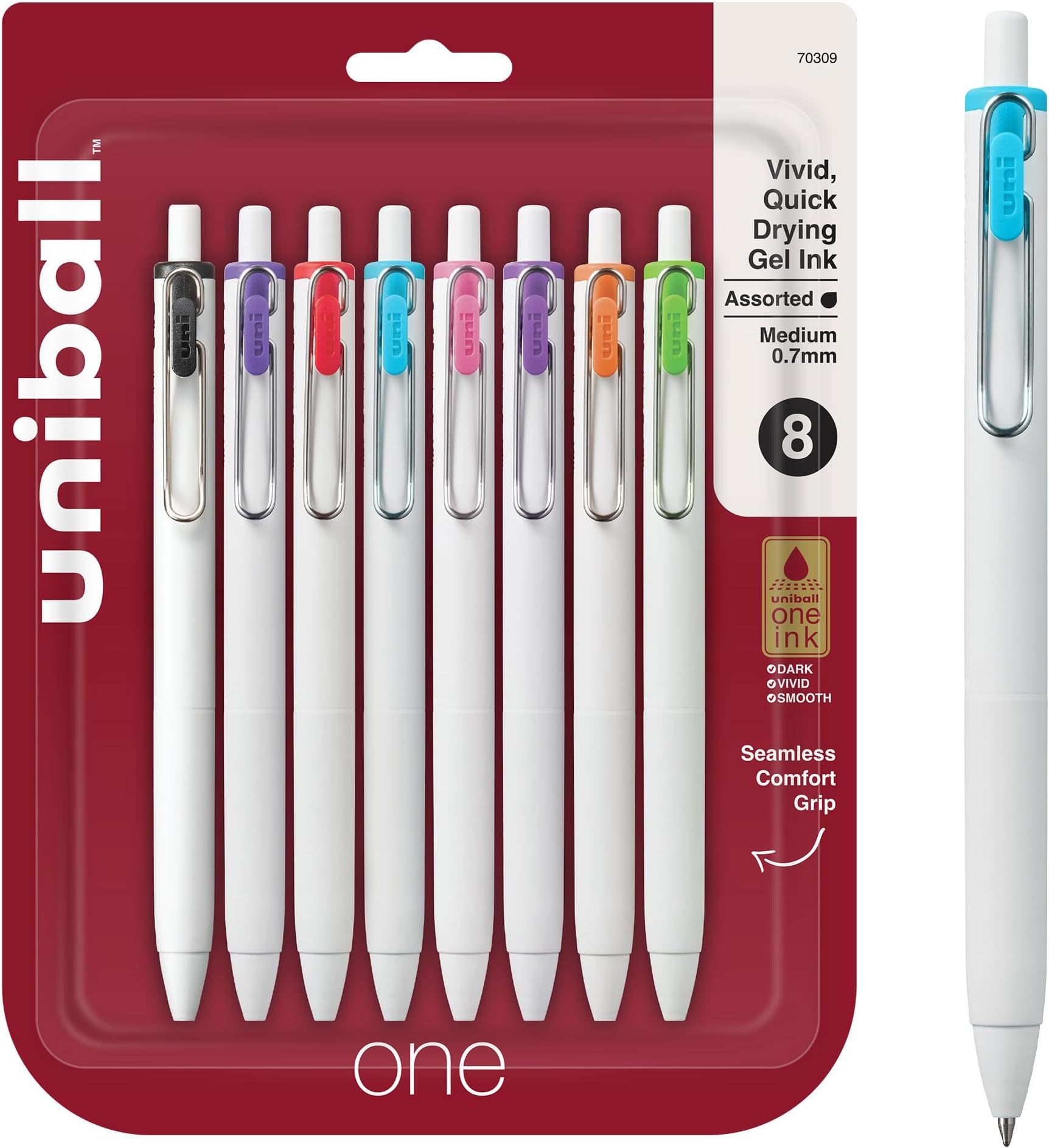 uniball one Retractable Gel Pens, Medium Point (0.7mm), Assorted Ink, 8 Pack