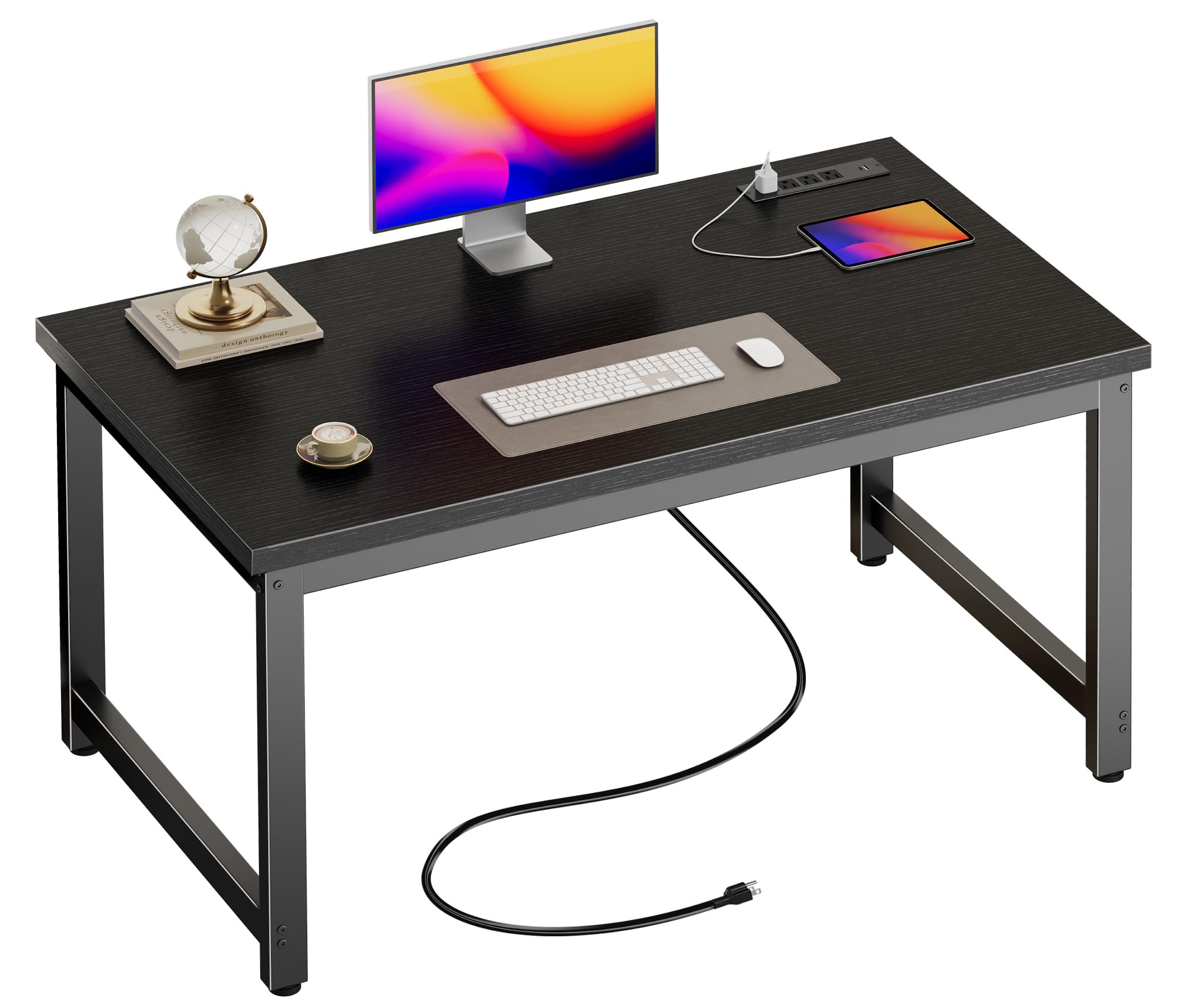 Huuger 48 x 24 inch Desk with Power Outlets & USB-C, Deeper & Thicker Desktop, Robust Metal Tubes, Computer Desk, Heavy Duty Office Desk, Work Gaming Desk for Home Office, Black