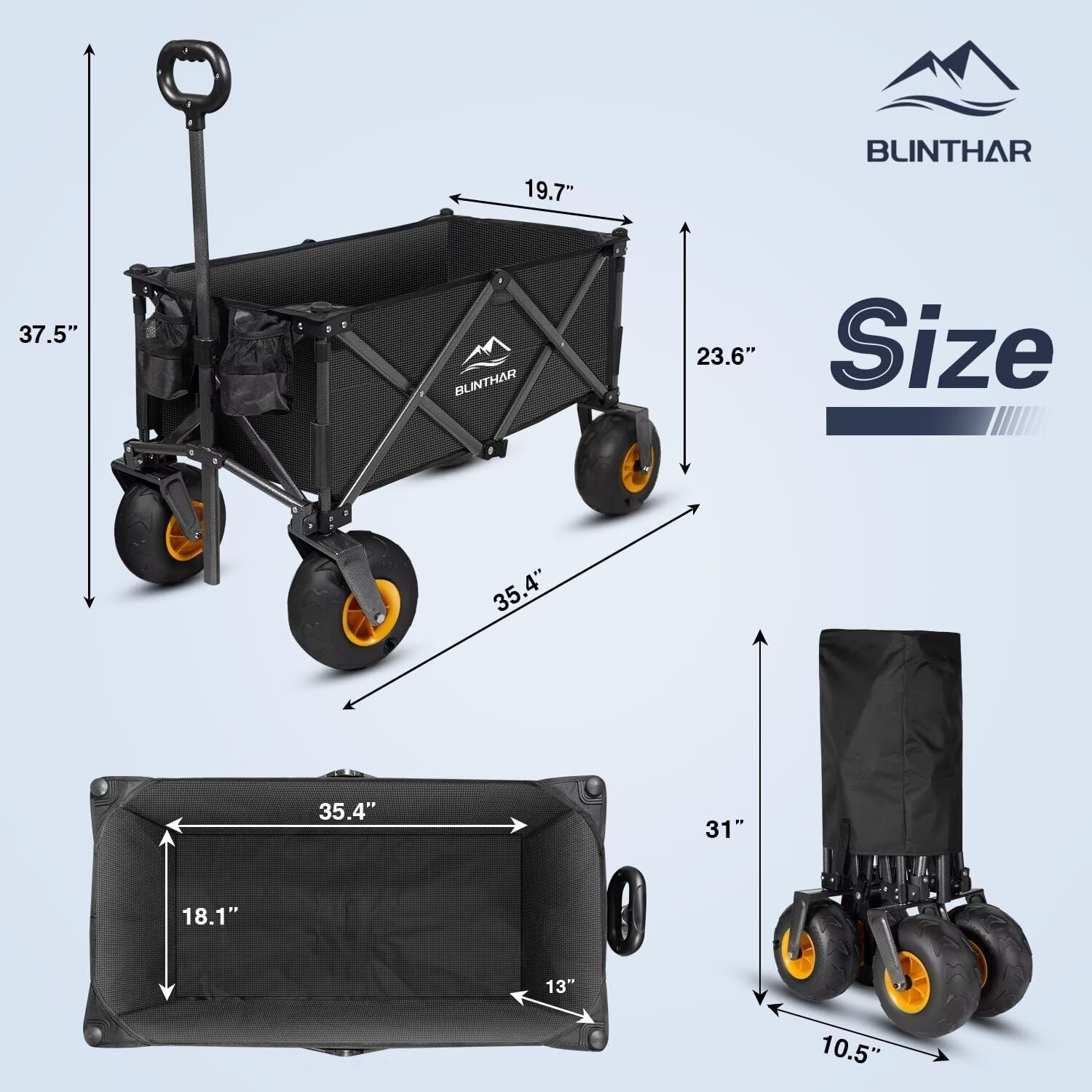 Beach Wagon, Heavy Duty Collapsible Folding Wagon with All-Terrain 9 Pneumatic Tires  Drink Holders, Utility Grocery Wagon for Garden Sports Camping Outdoor Activities