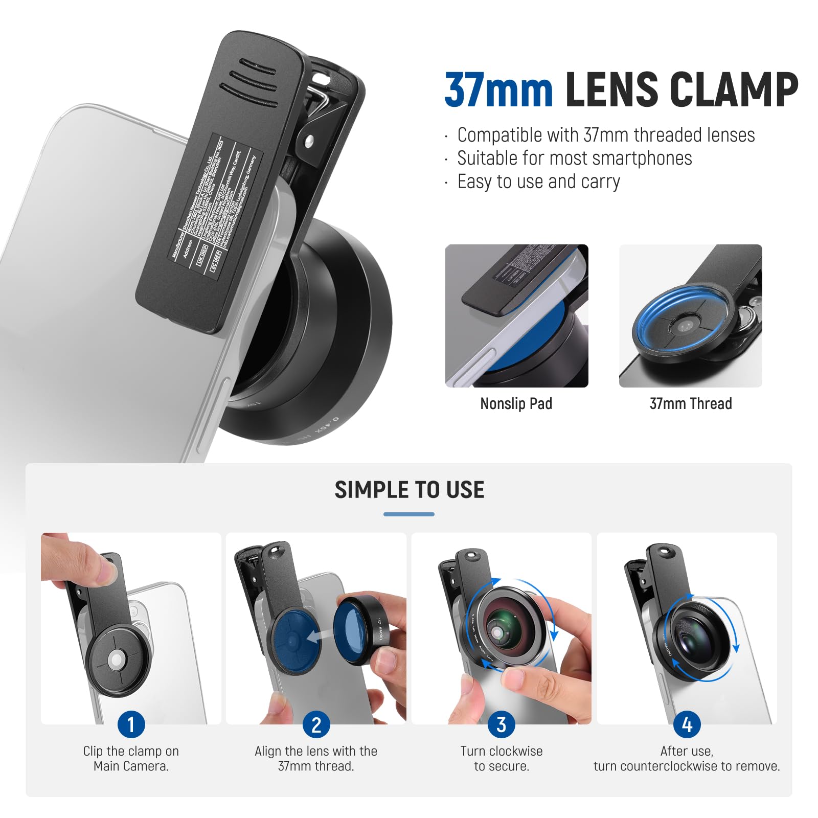 NEEWER BASICS Zestaw akcesoriów do aparatu telefonicznego 2 w 1, szeroki kąt HD 0,45 x + 15 x makro, klips do obiektywu, odłączany adapter filtra 17 mm do 37 mm, pierścień kompatybilny z iPhone'em