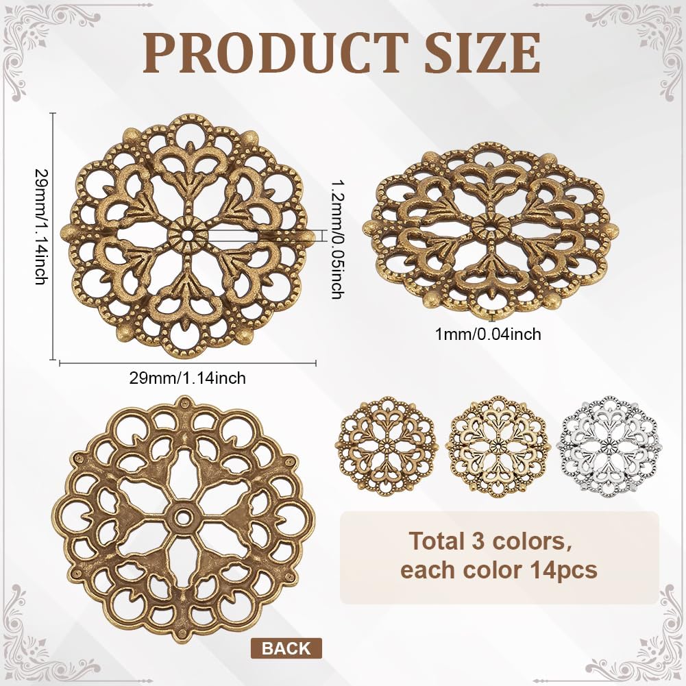 PH PandaHall 42PCS Filigree Connectors Charms Pendants, 3 Colors Rhombus Flower Charms Tibetan Metal Filigree Embellishments Hollow Pendants for DIY Hairpin Headwear Earring Necklace Jewelry Making - Image 2