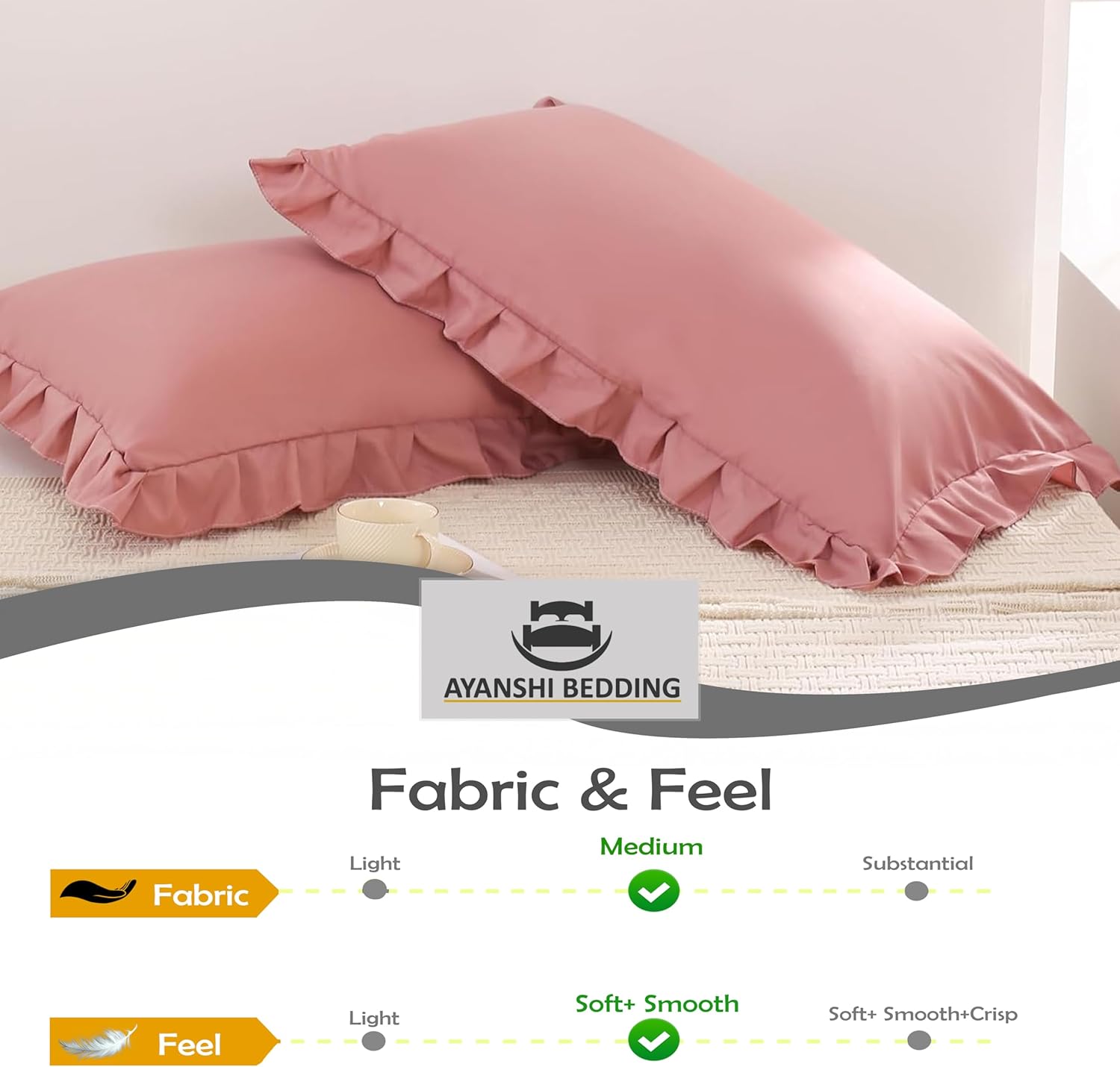 Luxury Pillow Shams Standard Size Set of 2, 20X26 - Microfiber Solid Ruffled Fringe Design - Unique Collection Decorative Pillow Covers 20X26 -Dust Grey