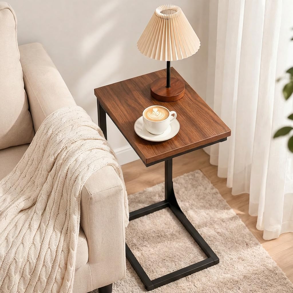 TEMI C Shaped End Table for Couch - Small Side Table and TV Tray for Eating or Laptop, Accent Desk for Chair or Sofa, Easy Assembly, Space-Saving Design for Living Room or Bedroom,Rustic Walnut