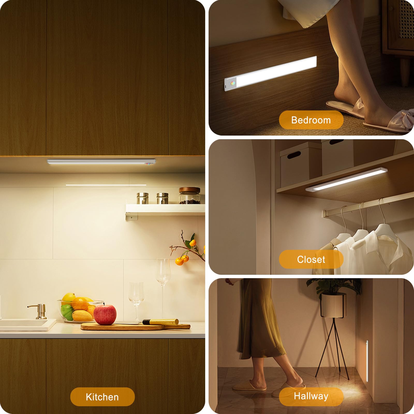 BLS Luci a LED per armadio, 52 LED con sensore di movimento per interni, luci sotto armadietti, luci ricaricabili USB-C sotto l'armadio, luci a batteria da 1800 mAh, luce magnetica wireless per