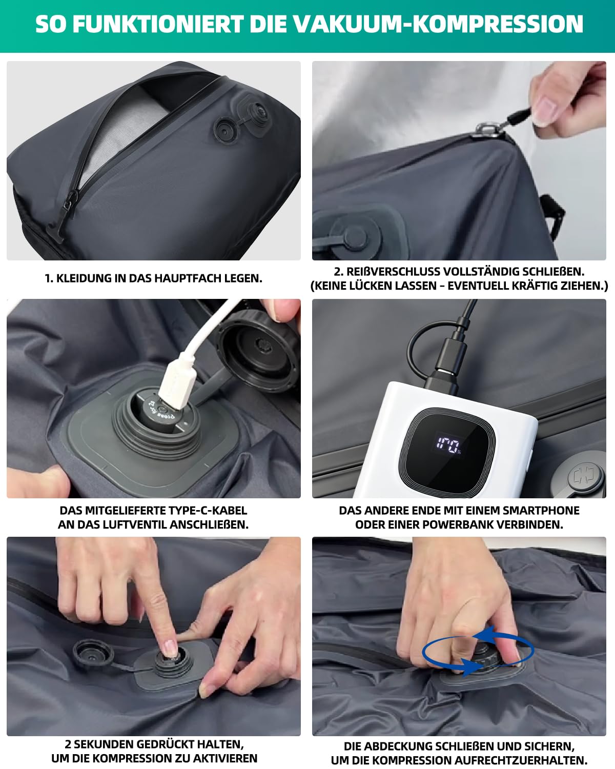 KINGSLONG Vakuum Rucksack Handgepäck: Reisetasche mit USB-Vakuumkompression | ohne Pumpe Wasserdichter Laptop Rucksack für 16 Zoll Notebook, Kabinenrucksack für Flugzeug, Business & Reise