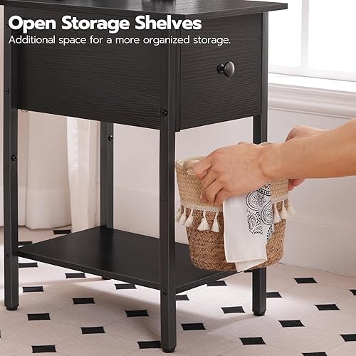 Miniatura 6 de HOOBRO Juego de 2 mesas auxiliares con estación de carga, mesita de noche estrecha con cajón, mesa auxiliar delgada con puertos USB, mesita de noche