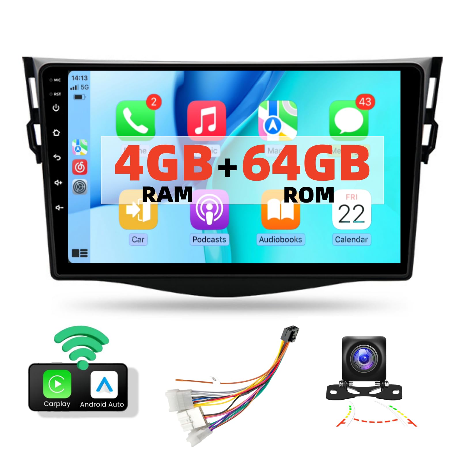 【4+64GB】 9" Touchscreen Car Radio for Toyota RAV4 with Wireless Carplay Android Auto, Android 13 Car Stereo with GPS Navigation WiFi EQ Rear Camera for Toyota RAV4 2006 2007 2008 2009 2010 2011 2012