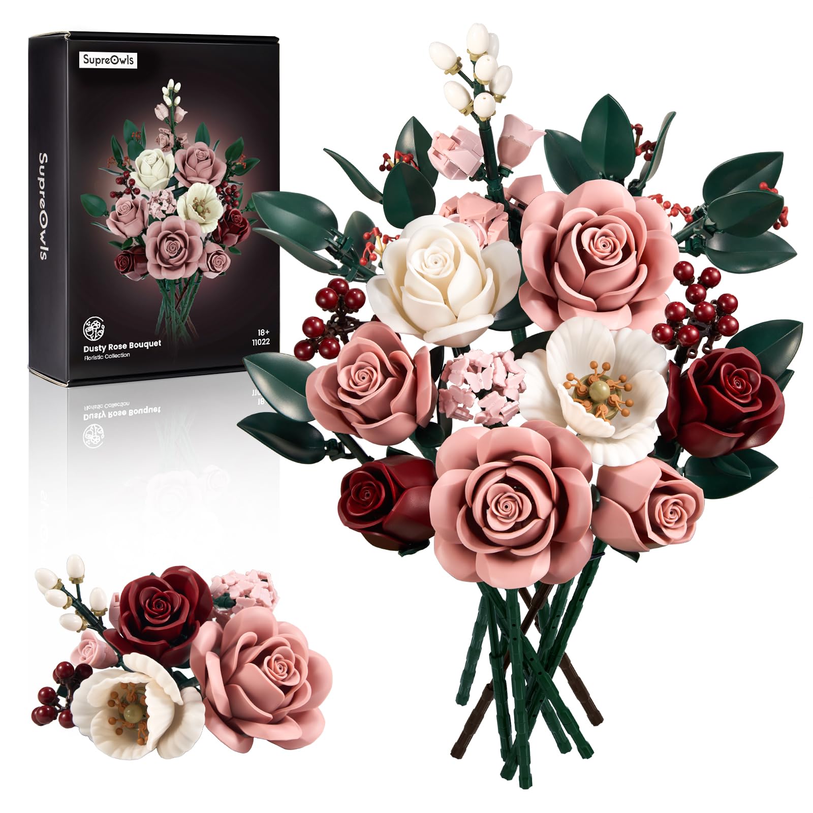 Millionspring Pink Rose Bouquet Building Set Pink Artificial Roses Gifts for Him Her on Mother's Day, Wedding, Anniversary