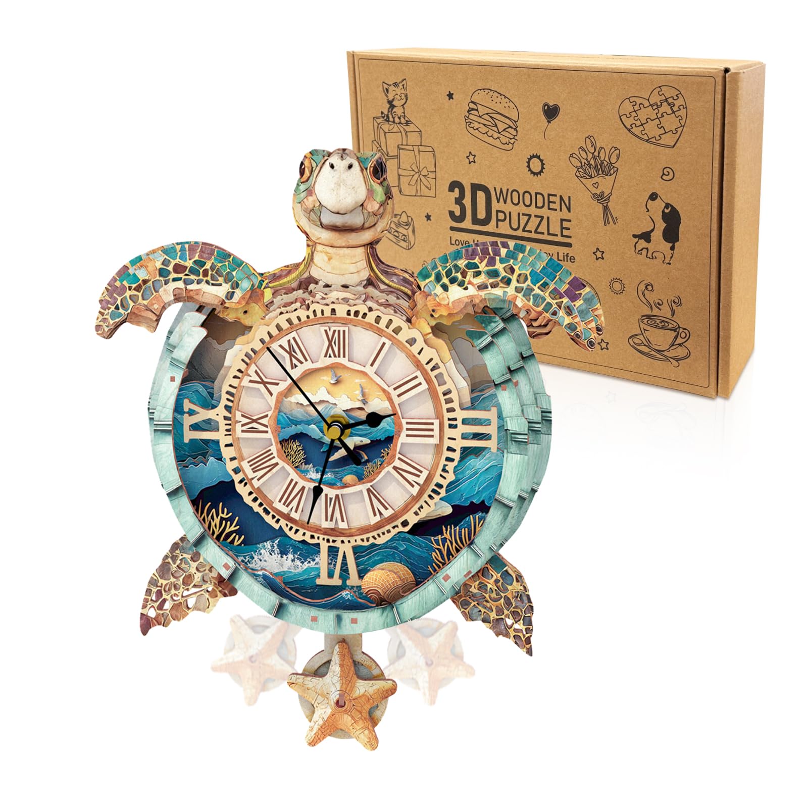 3D Holzpuzzle Erwachsene, Schildkröte Uhr 3D Puzzles Mit funktionaler Uhr (26,2cm*30,4cm), Schreibtisch/Wand Wohndeko, Geschenke für Freunde/Familien Spieleabend