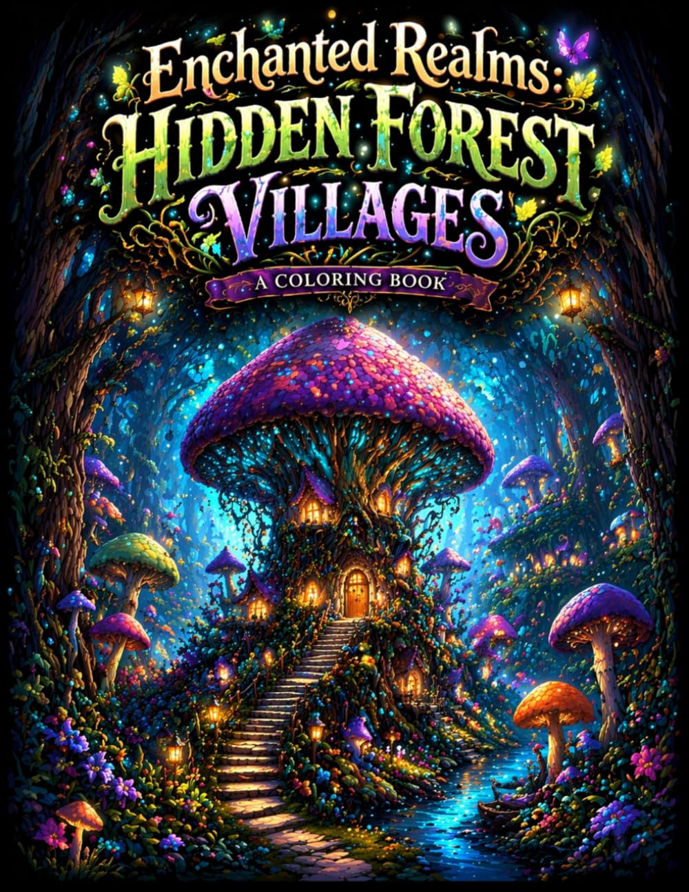 Enchanted Realms: Hidden Forest Villages: A Magical Fantasy Coloring Book Featuring Secret Woodland Homes, Enchanted Paths, Fairy Villages & Relaxing Stress Relief Designs for Adults & Teens