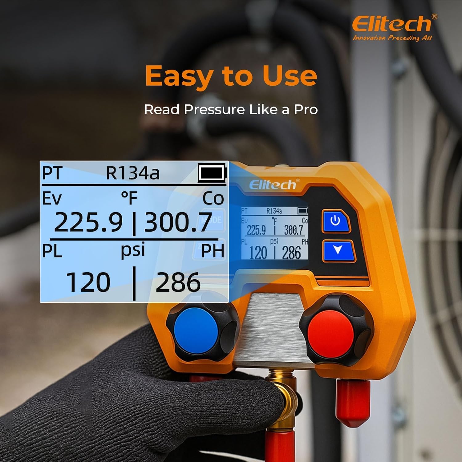 Elitech DMG-2SE Digitales Klimaanlagen-Manifold, Vakuum-Druck-Messgerät für Kfz-Klimareparatur mit 2-Wege-Ventil, unterstützt R134a R1234yf R410A und 88 Kältemittel, stoßfestes Profi-Set