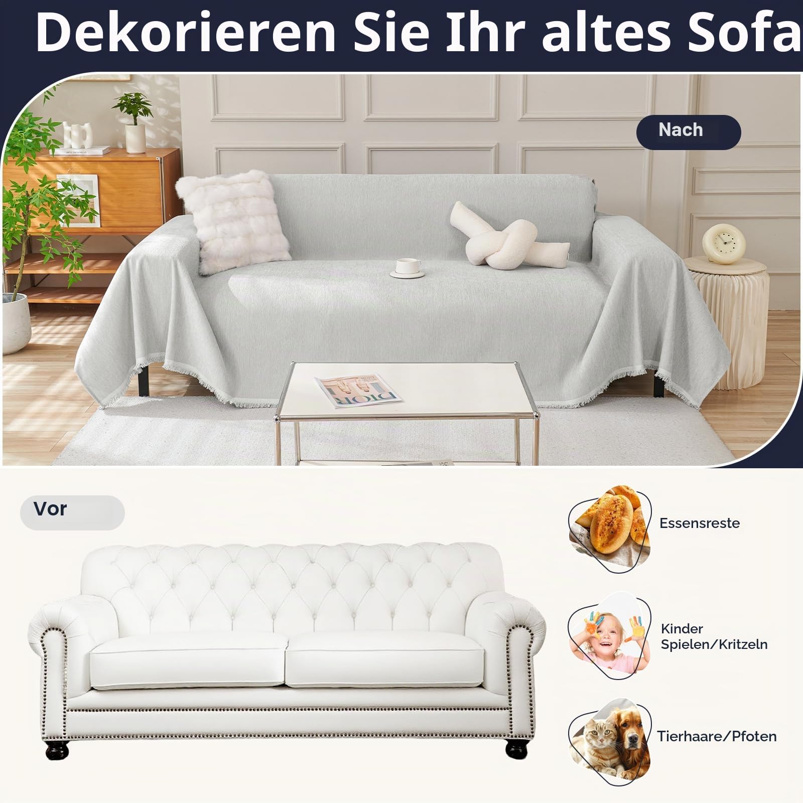 Royhom Sofa Überzug Chenille, Sofabezug L Form, Couch Überzug Ecksofa, Sofaüberwurf 2 Sitzer, Couch Überwurf mit Deko Quasten, Hellgrau Sofa Überwurf(Hellgrau, 180x300cm)