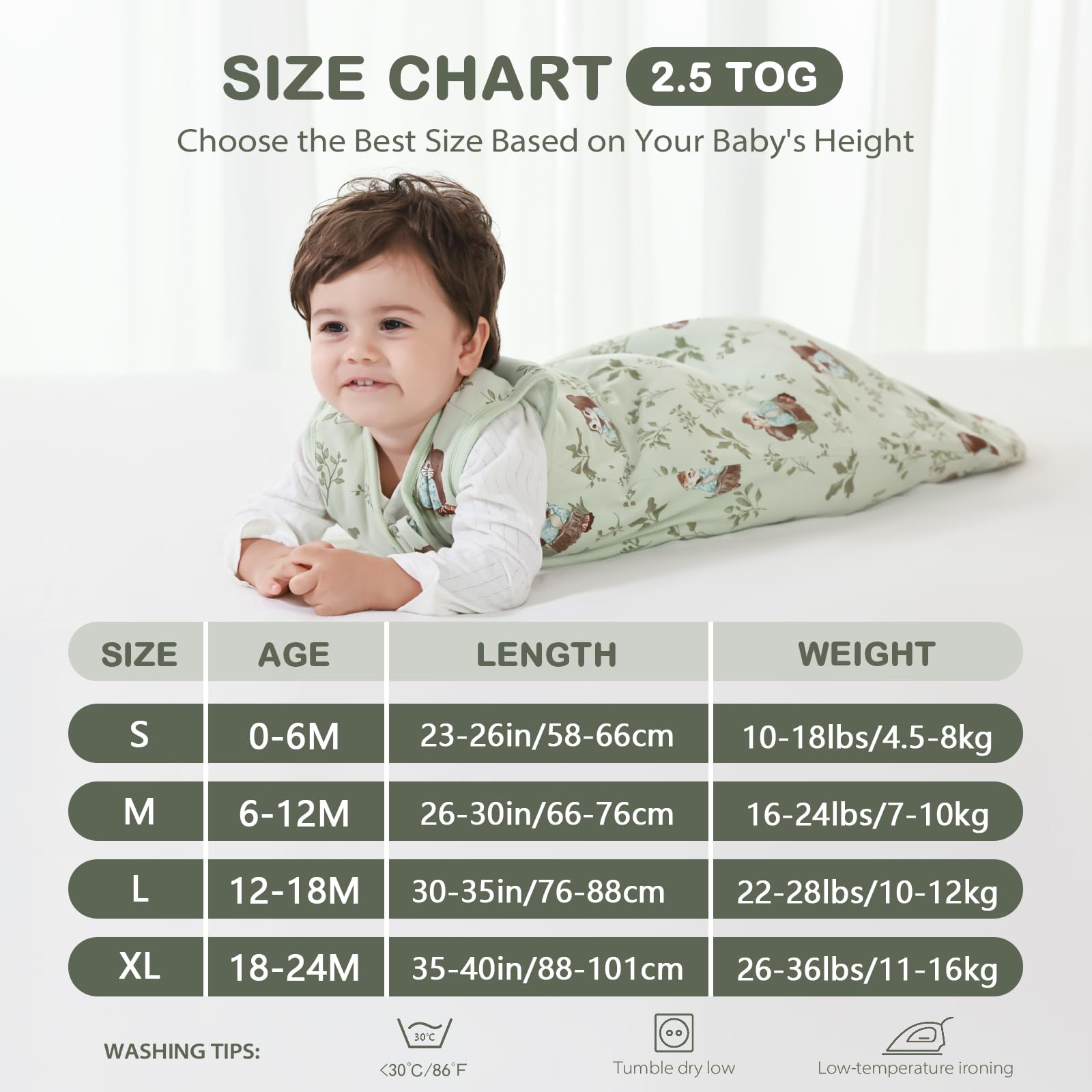 Mosebears Sacco nanna invernale per bambini, 2,5 tog, 100% cotone, per diverse misure dalla nascita all'età di 24 mesi(Green Animal,6-12 mesi)