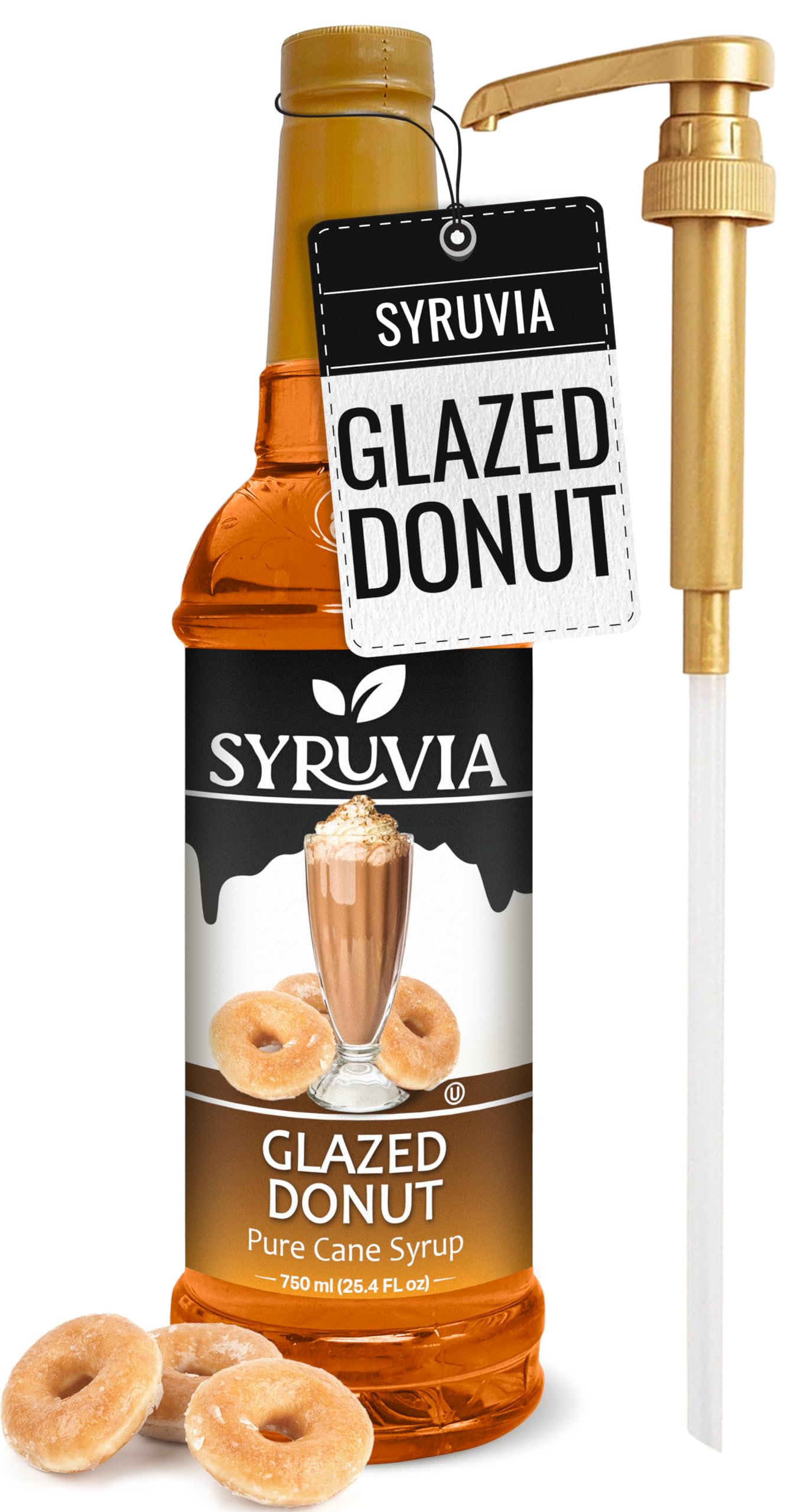 Syruvia Glazed Donut Coffee Syrup - 25.4 fl oz Premium Coffee Flavoring Syrup - Kosher Coffee Syrups, Gluten Free, No Coloring, Perfect for Drinks, Soda, Shakes, Desserts, and More With Pump