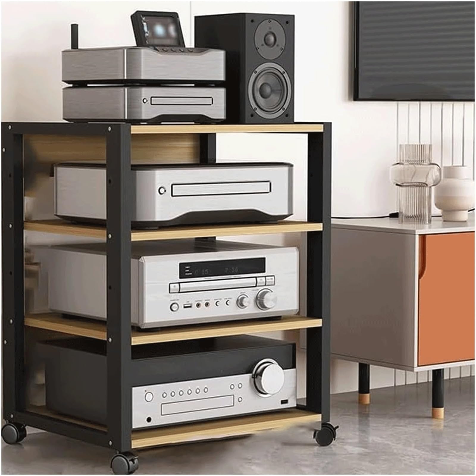 CWCQGH Mobile Audio Rack 4 Tier Wooden Stereo Cabinet with Adjustable Shelves & Wheels Equipment Stand for Home Theater & Music Systems,Brown-4 Tier