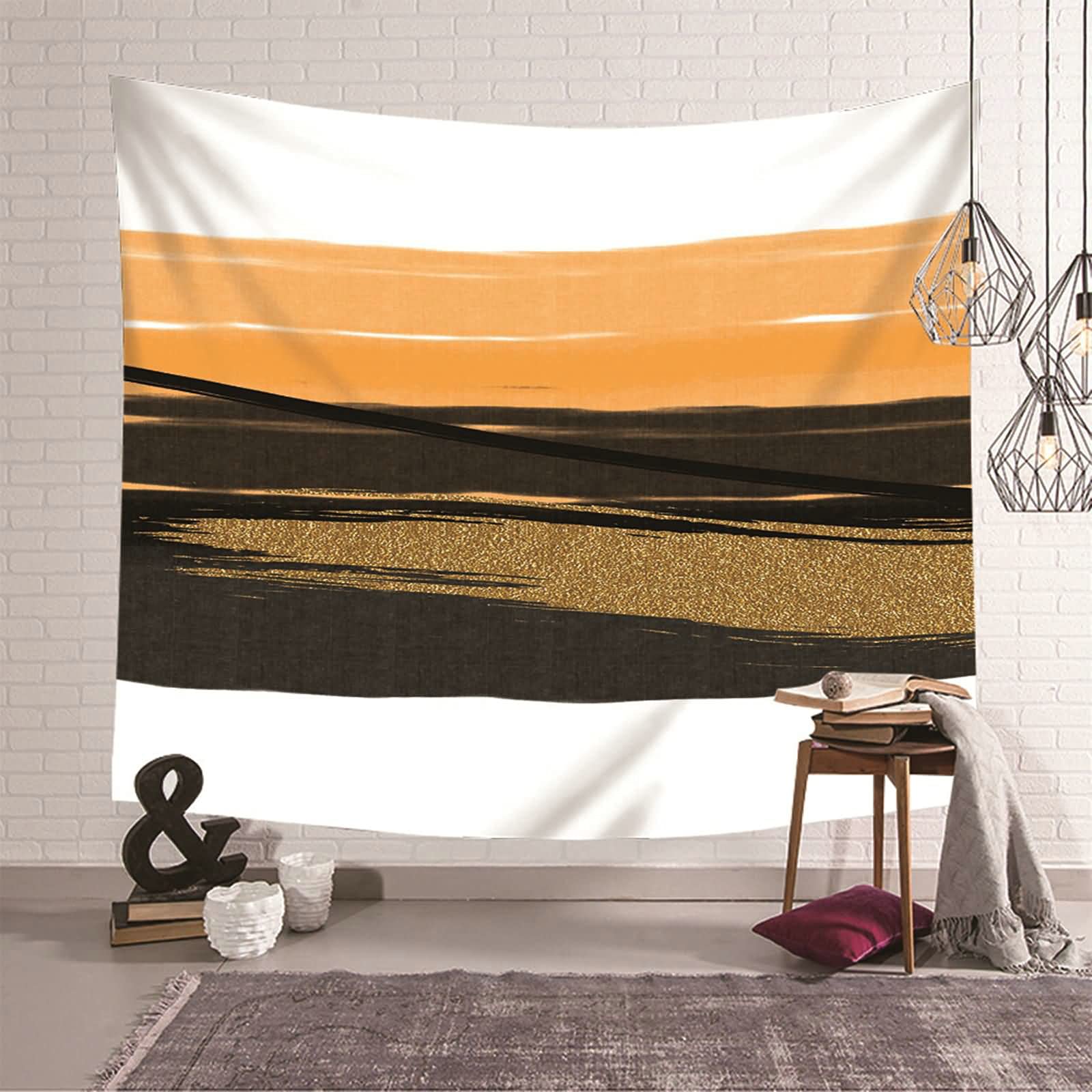 Tapiz de pared KnSam de poliéster negro y dorado con líneas de arte, 150x130 cm