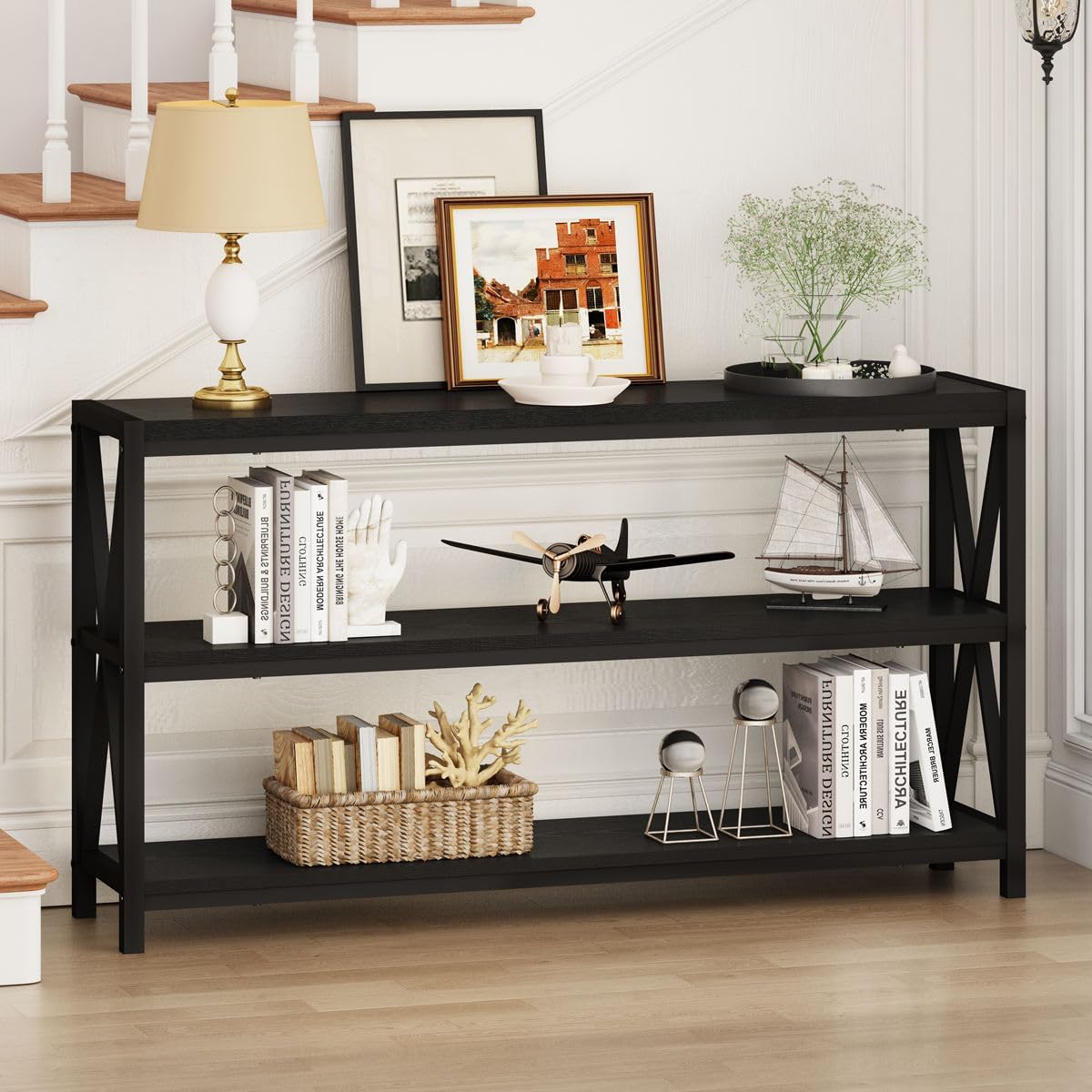 FATORRI Console Table for Entryway, Long Sofa Table with Shelves Under Window, Wood and Metal Hallway Tables for Foyer (55 Inch, Black)