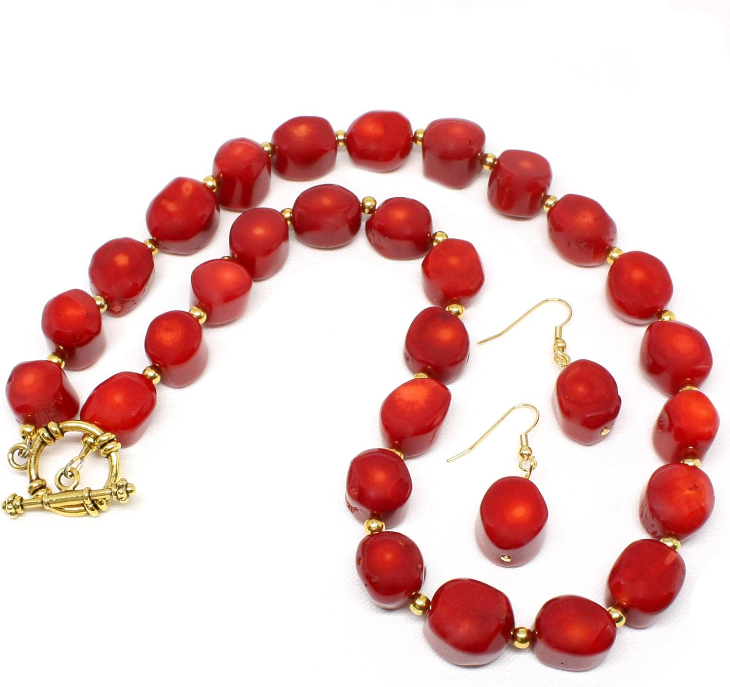 Red Coral Gemstone Handmade Necklace Strand with Earrings