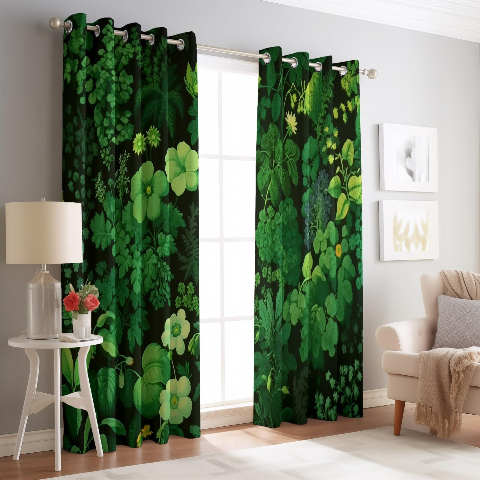Vorhänge Dunkelgrün, Verdunkelungsvorhang 2er Set - Vorhang Blickdicht Blumenranken, Thermovorhang für Deko Wohnzimmer Schlafzimmer, Gardinen mit Ösen 214x91.5cm(HxB)