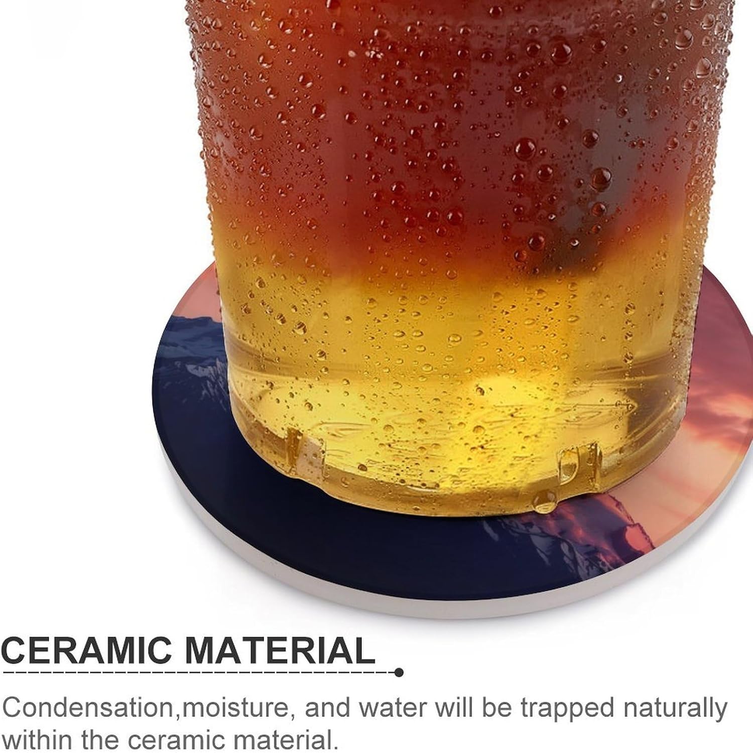 6PCS Mount at Sunset Coasters Non-Slip Round Drink Coasters with Ceramic Stone and Cork Base, Heat Resistant Absorbent 33.00Stone Coaster Set for Kinds of Mugs and Cups, 4 Inch