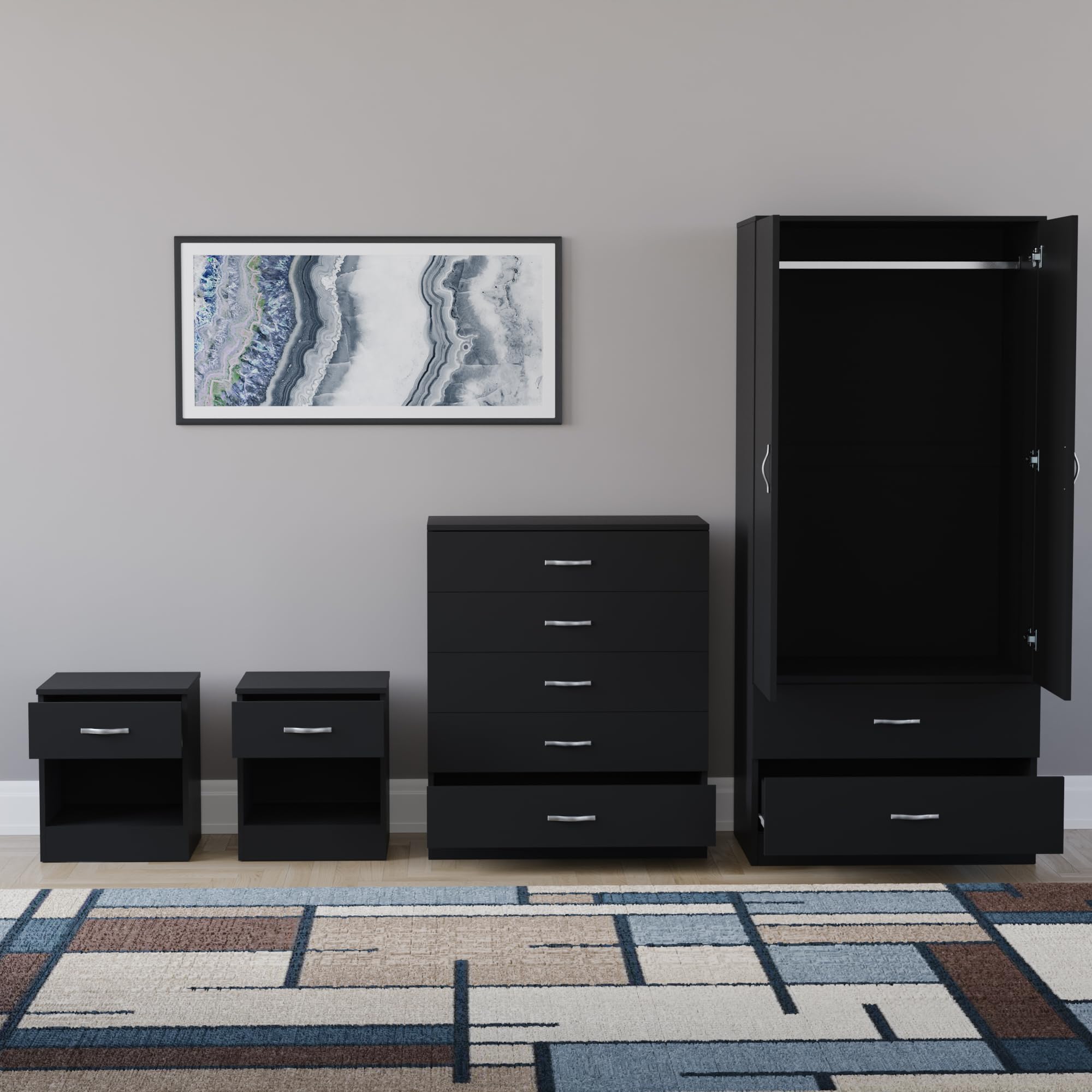 Vida Designs Riano - Juego de dormitorio de 4 piezas (1 cajón, cómoda de 5 cajones, armario de 2 puertas y 2 cajones), color negro (5)