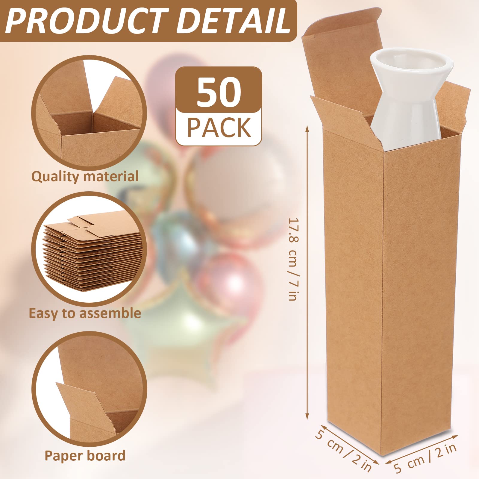 Sabary 50 Stück kleine Geschenkboxen aus Kraftpapier, 5.1x5.1x17.8 cm, rechteckig, braune Kraftboxen, kleine Kartonboxen für Versand, Verpackung, Partygeschenke, einfach zu montieren