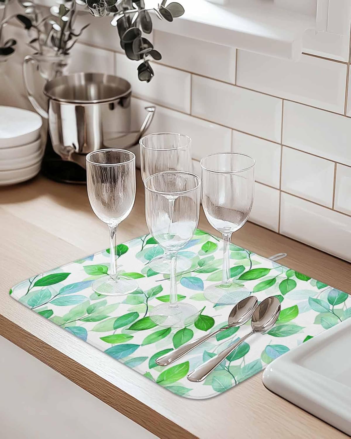Dish Drying Mat for Kitchen Counter Spring Leaves Pattern Green Highly Absorbent Dish Drainer 18 x 24 Inches Dish Drying Pad for Kitchen Counter, Sink, Draining Racks 2PCS