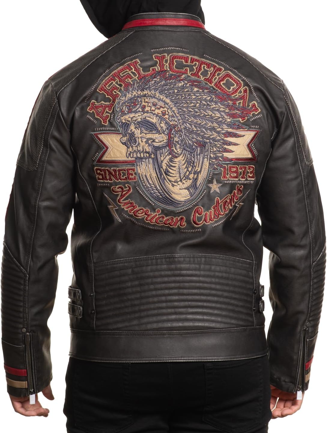 Affliction Men's American Faux Leather Motorcycle Jacket, Black with Red Stripe, Skull Design, Quilted Panels