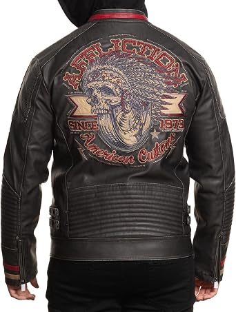Affliction Mens American Faux Leather Motorcycle Jacket, Black with Red Stripe, Skull Design, Quilted Panels