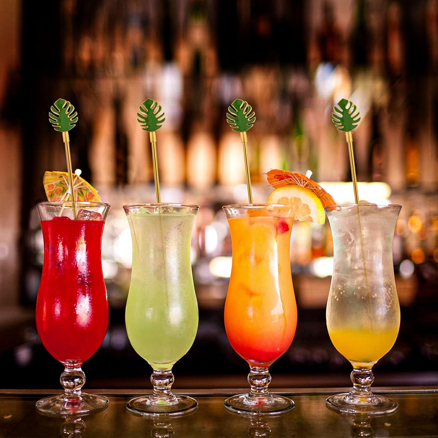  | Palm leaf Drink Stirrer Sticks Stainless Steel Coffee Beverage Stirrers，Set of 4 Cocktail Swizzle Stick,7.5", Multicolor: Swizzle Sticks