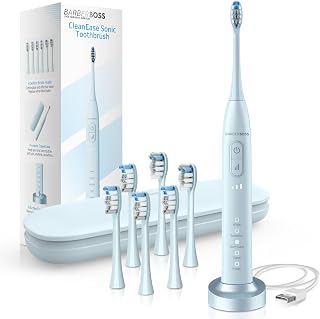 BarberBoss Schallzahnbürste für Erwachsene, Wiederaufladbare Elektrische Zahnbürste mit 5 Reinigungsmodi, 3 Intensitätsstufen, Smart Drucksensor (Himmelblau)