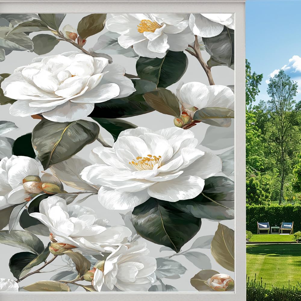 Pmlbaous Watercolor Flowers Privacy Window Film, Classic Camellia Floral Frosted Self-Adhesive Vinyl Cling For Glass Doors Bathroom Windows Sun Blocking Heat Control, （55X100cm）