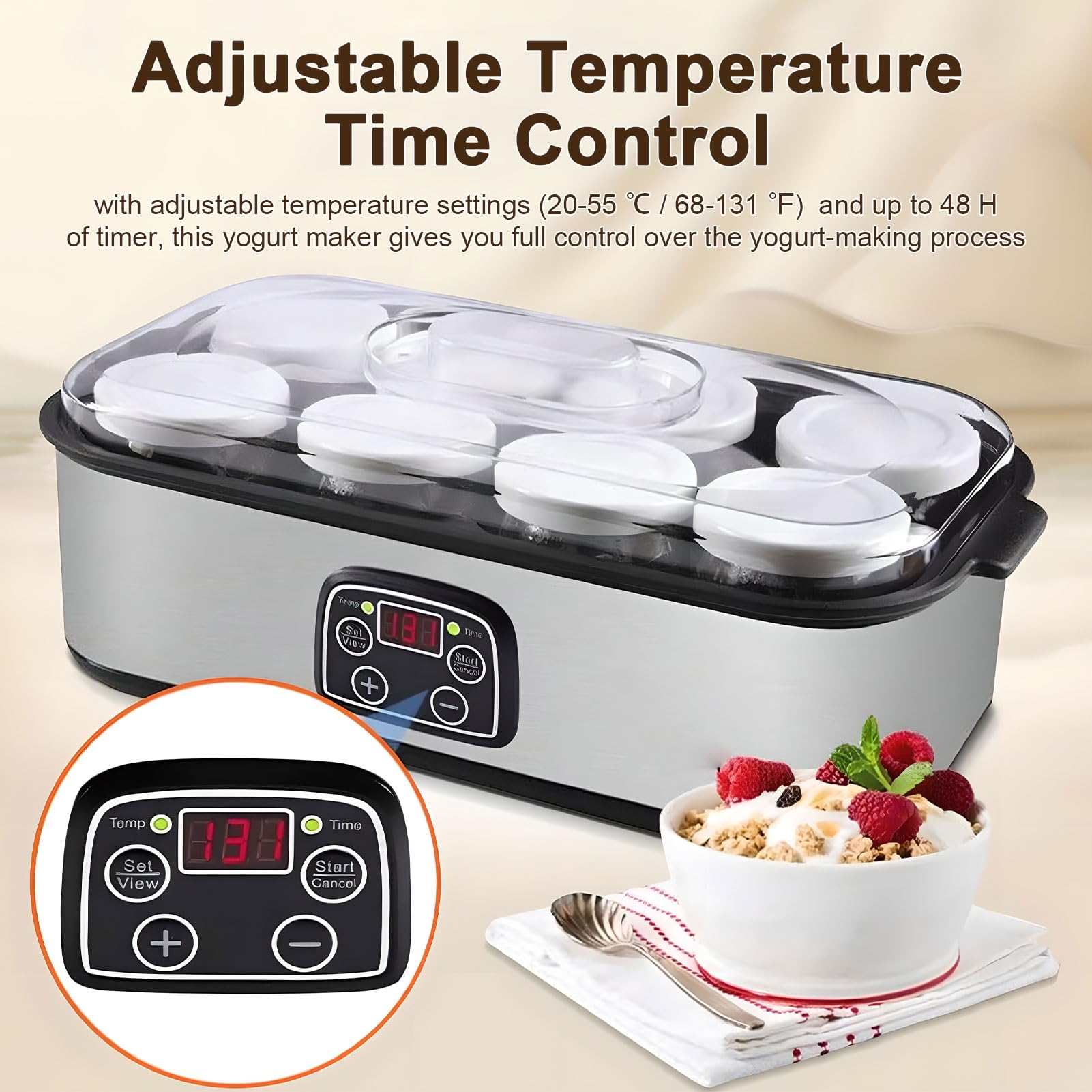 Yogurtera con control de temperatura y tiempo, capacidad de 1400 ml, incluye 8 tarros de vidrio para yogur casero
