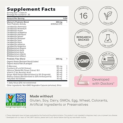 Miniatura 6 de Probióticos completos para mujeres  Salud vaginal, UT, digestiva e inmunológica  60 mil millones de UFC, 16 cepas probióticas, prebióticos y
