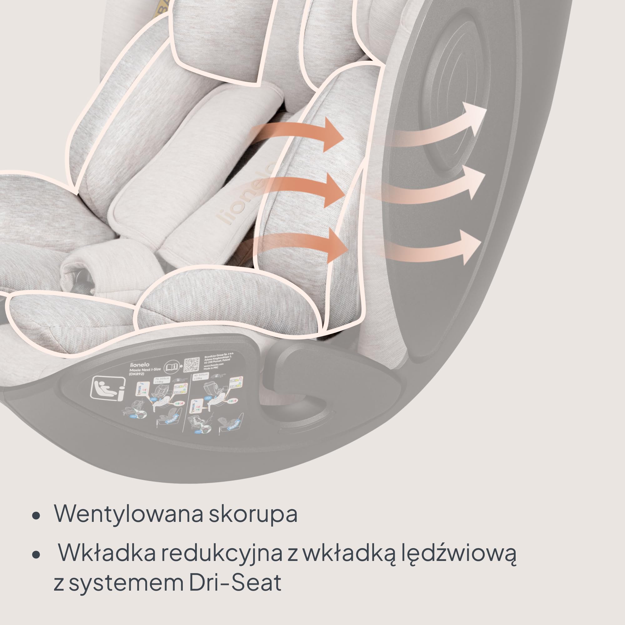 Lionelo Moxie Next i-Size fotelik samochodowy dla dzieci około 0-4 lat 40-105 cm 0-18 kg SIP ochrona boczna, regulacja zagłówka i oparcia, instalacja tylko do przodu i do tyłu z podstawą Moxie Next