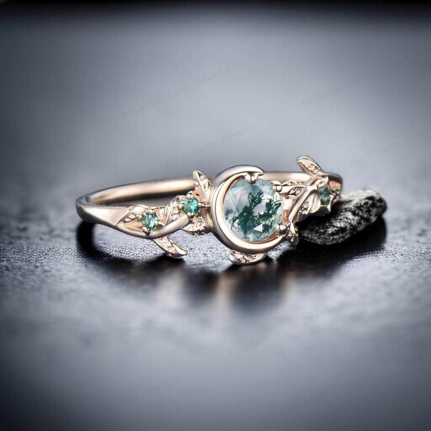 Nature Inspired Natural Moss Agate Ring Moon Star Design Vintage 5mm Round Moss Agate Engagement Ring Leaf Green Emerald Dainty Wedding Ring