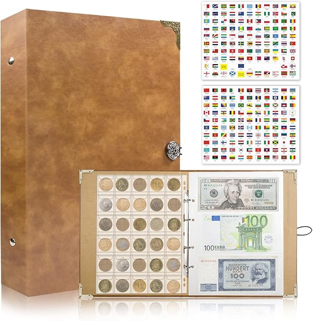360 Pockets Coin and Paper Money Collection Album with Flag Sticker, JC-Houser Loose-leaf Coin Collecting Holder Book Supplies, Penny Currency Display Storage Binder for Collectors