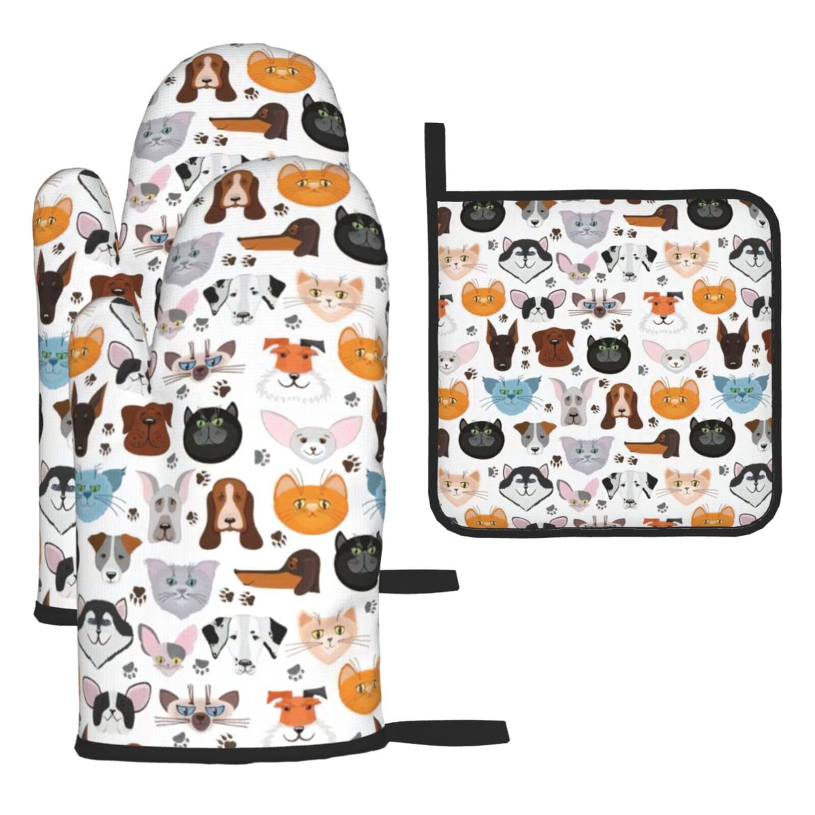 Cat And Dog Faces Bulldog Beagle Labrador Print Oven Kitchen Gloves For Baking Outdoor Grilling Home Use Mitts Microwaving Bbq