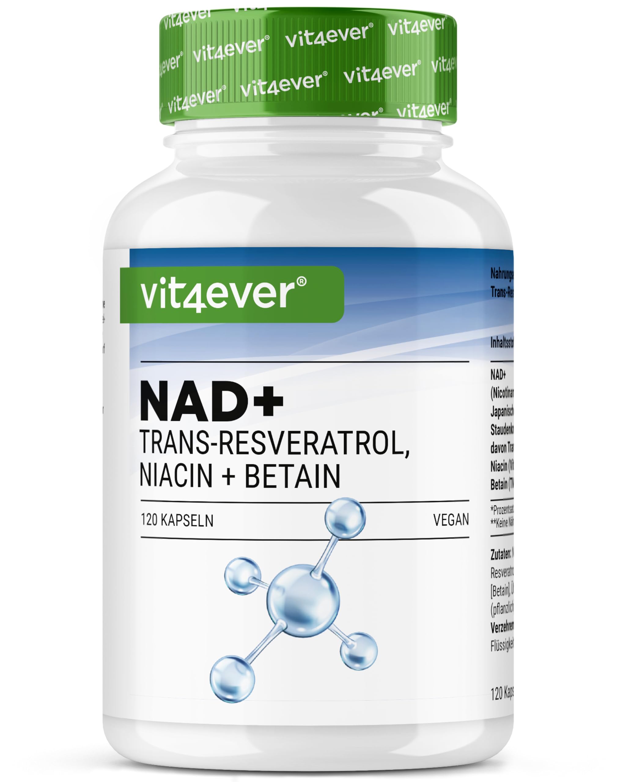 vit4ever NAD+ Premium Komplex - 120 Kapseln - 500 mg NAD+ | Mit Trans-Resveratrol (98%), Niacin (Vitamin B3) & Betain (TMG), 60 Tagevorrat - Laborgeprüft - Vegan