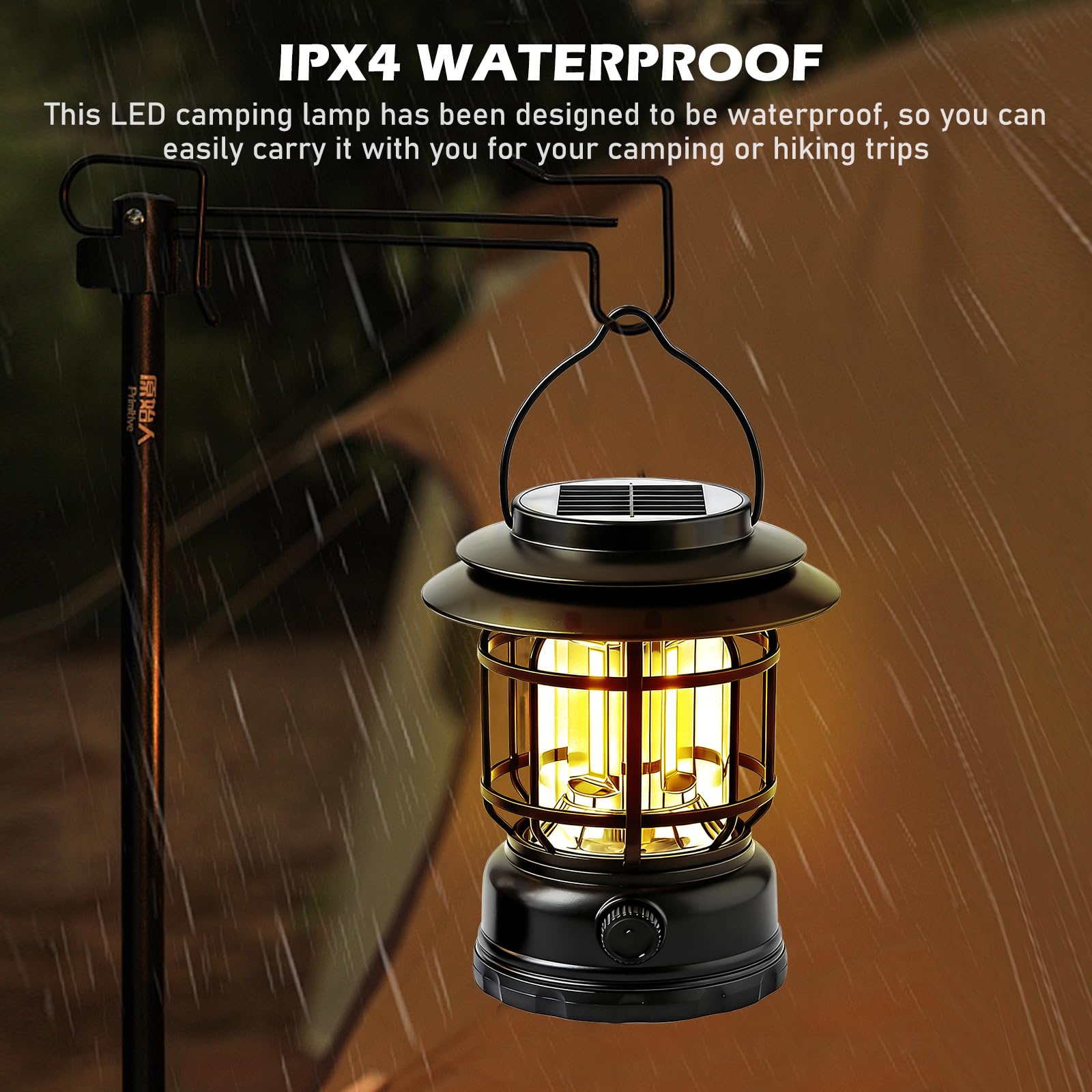 2 lampade da campeggio a LED, a energia solare, dimmerabili, USB, ricaricabili, retrò, da campeggio, IPX4, impermeabili, portatili, per pesca, emergenze, tenda all'aperto (nero)